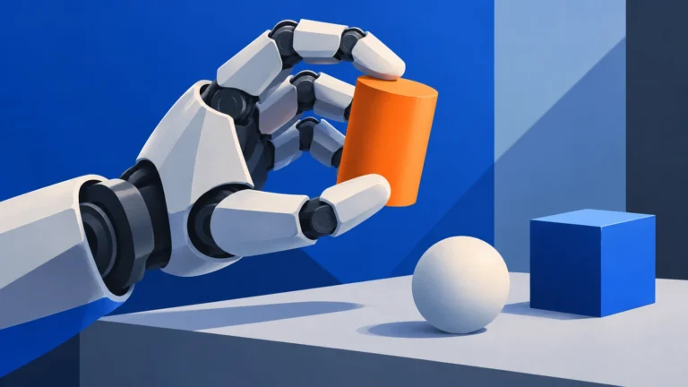 An imagined mechanical hand holding an orange cylinder beside a sphere and a blue cube