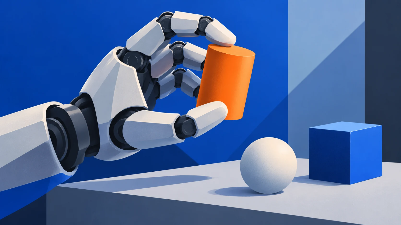 An imagined mechanical hand holding an orange cylinder beside a sphere and a blue cube