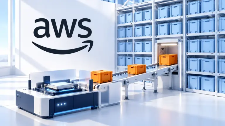 AWS wordmark above an illustrated workstation receiving orange crates while most blue crates remain in storage.