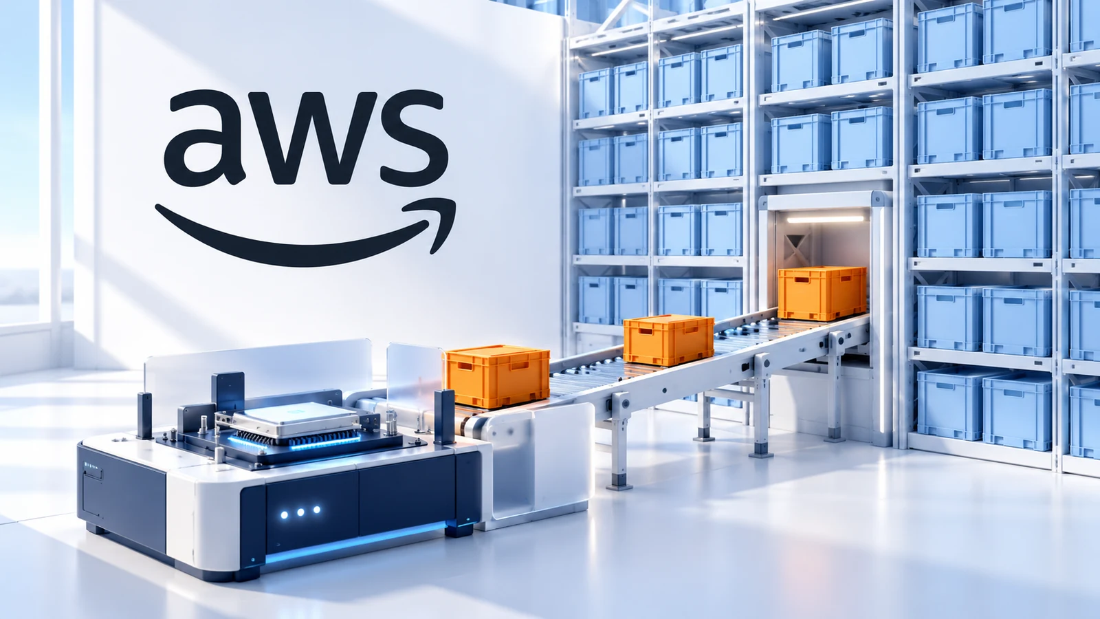 AWS wordmark above an illustrated workstation receiving orange crates while most blue crates remain in storage.