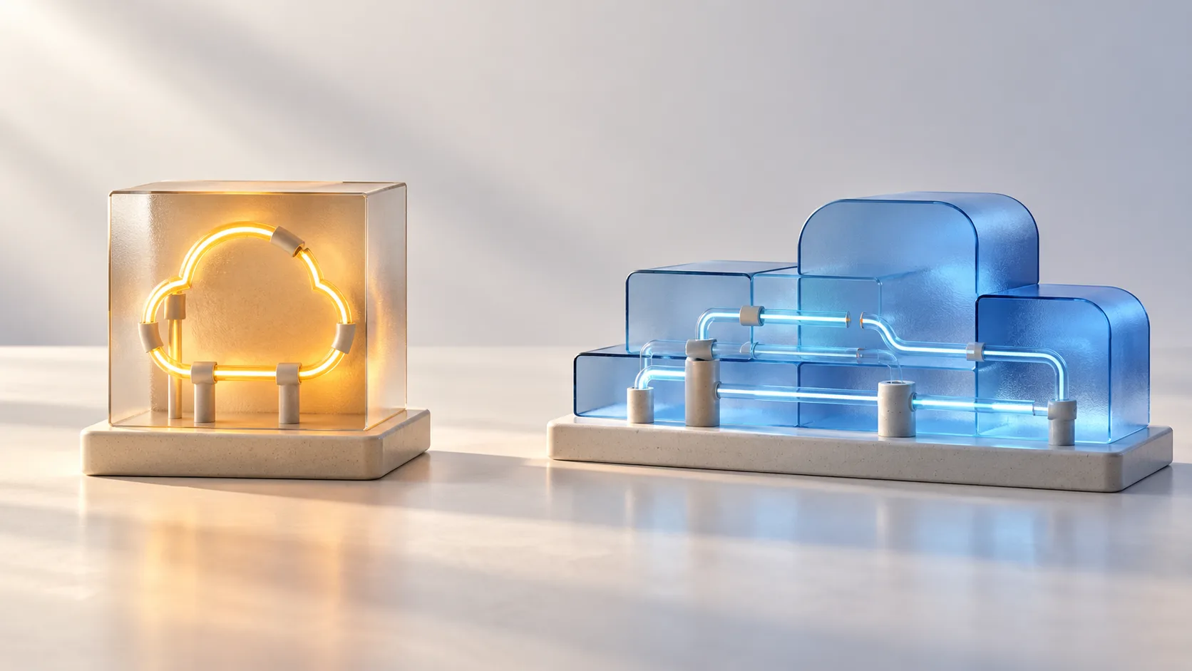 An amber glass cloud and a blue glass network stand apart with gaps in their illuminated paths