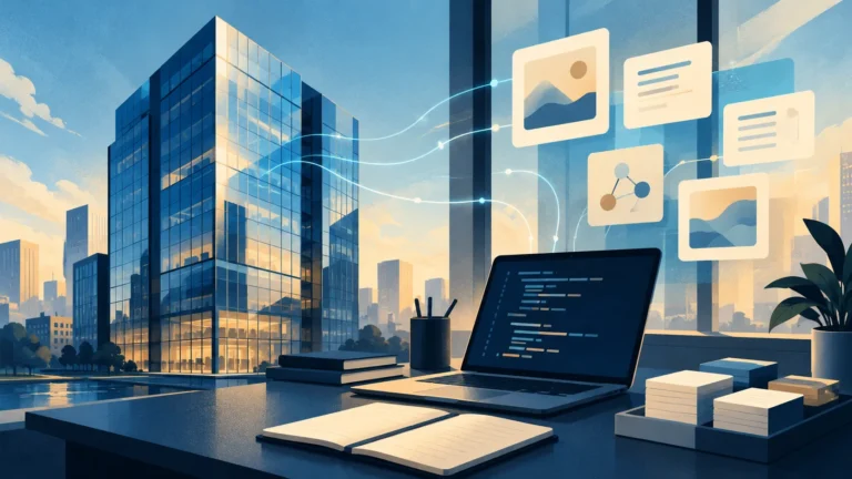 Conceptual illustration of a bank office with a coding laptop and connected document panels