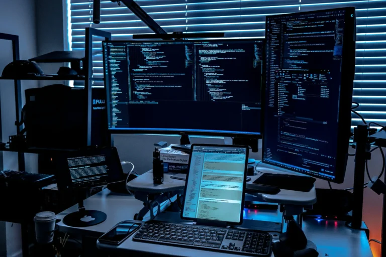 Two monitors and two tablets display code and programming documentation at a desk