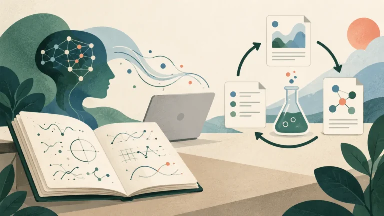 Conceptual illustration of a researcher using a laptop beside looping scientific papers and laboratory symbols