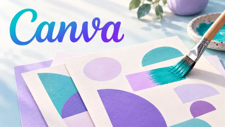 Canva wordmark above pastel design sheets and a brush selectively painting a teal rectangle.