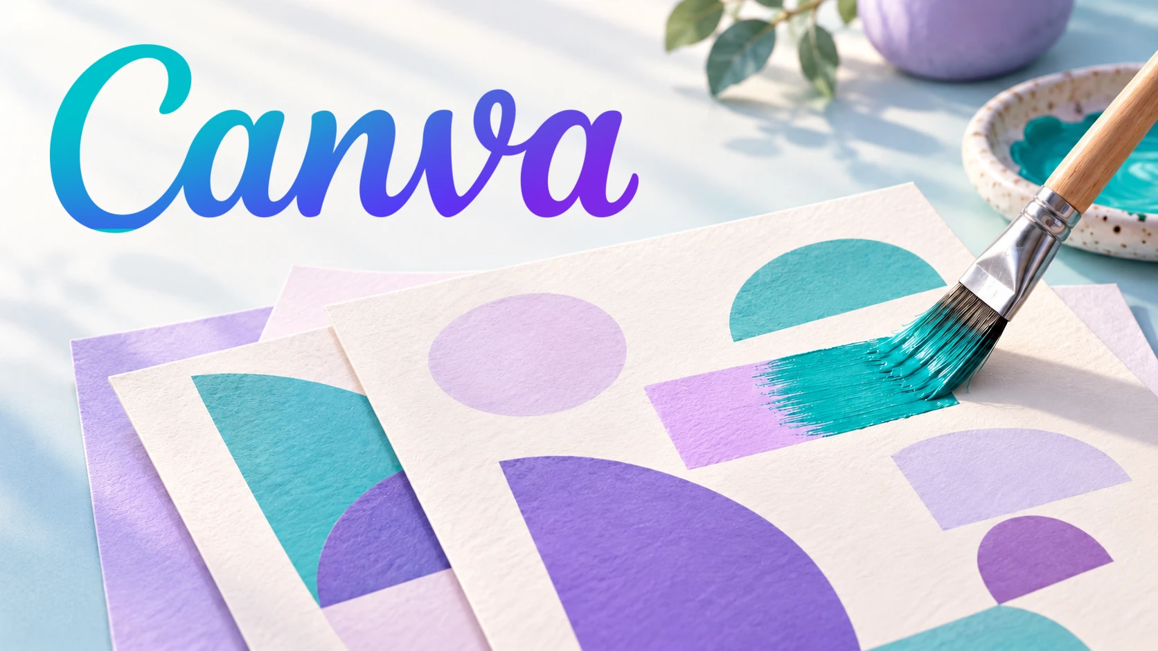 Canva wordmark above pastel design sheets and a brush selectively painting a teal rectangle.