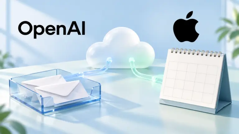OpenAI wordmark and Apple logo above a cloud connected to a mail tray and an undated desk calendar on a pale-blue desktop.