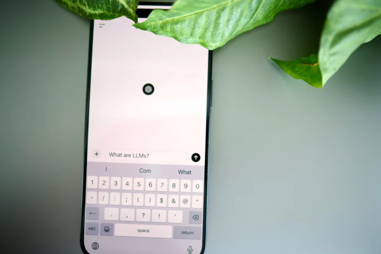 ChatGPT on a smartphone beside green plant leaves, with an on screen keyboard and the prompt What are LLMs?