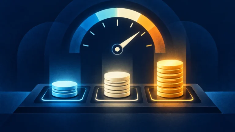 Three growing stacks of tokens beneath a glowing usage gauge