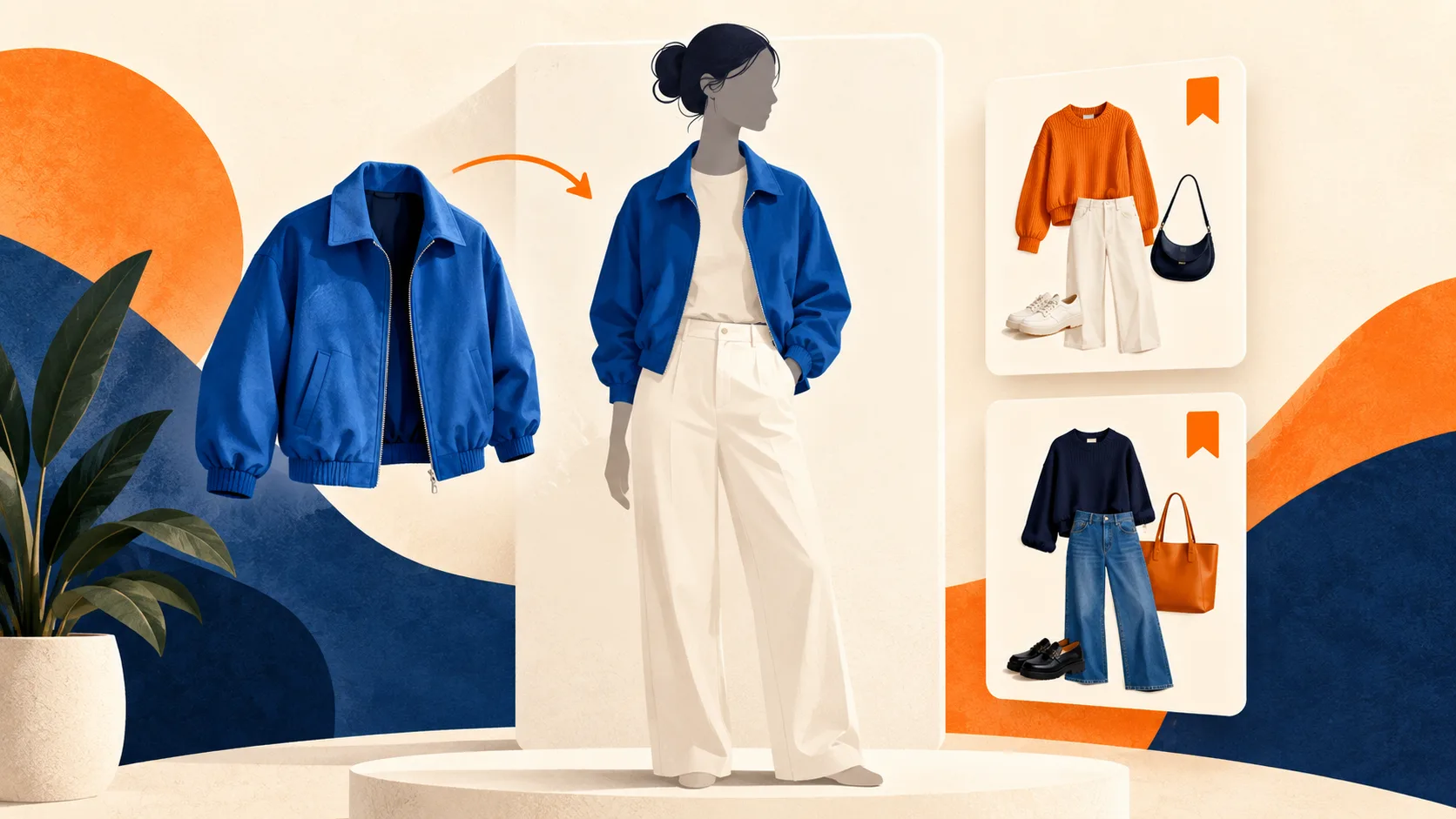 A blue jacket shown on a shopper beside saved outfit cards