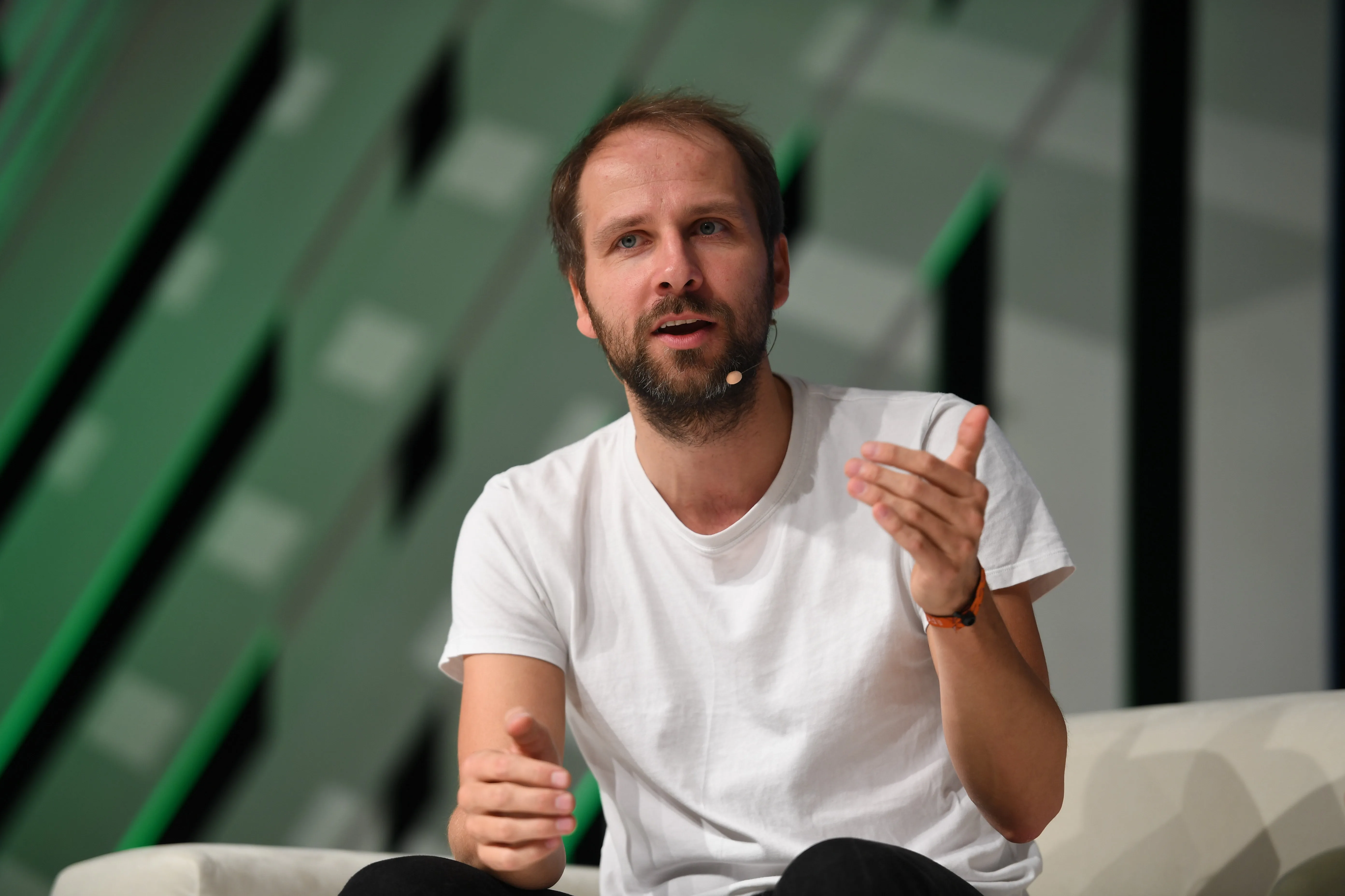Ecosia founder Christian Kroll speaking onstage at Web Summit in Lisbon in 2019.