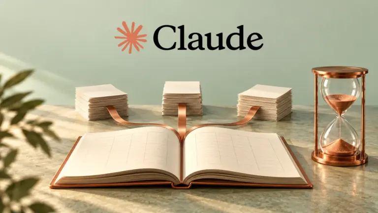 Claude wordmark above an open ledger, converging copper ribbons and an hourglass on a sage background.