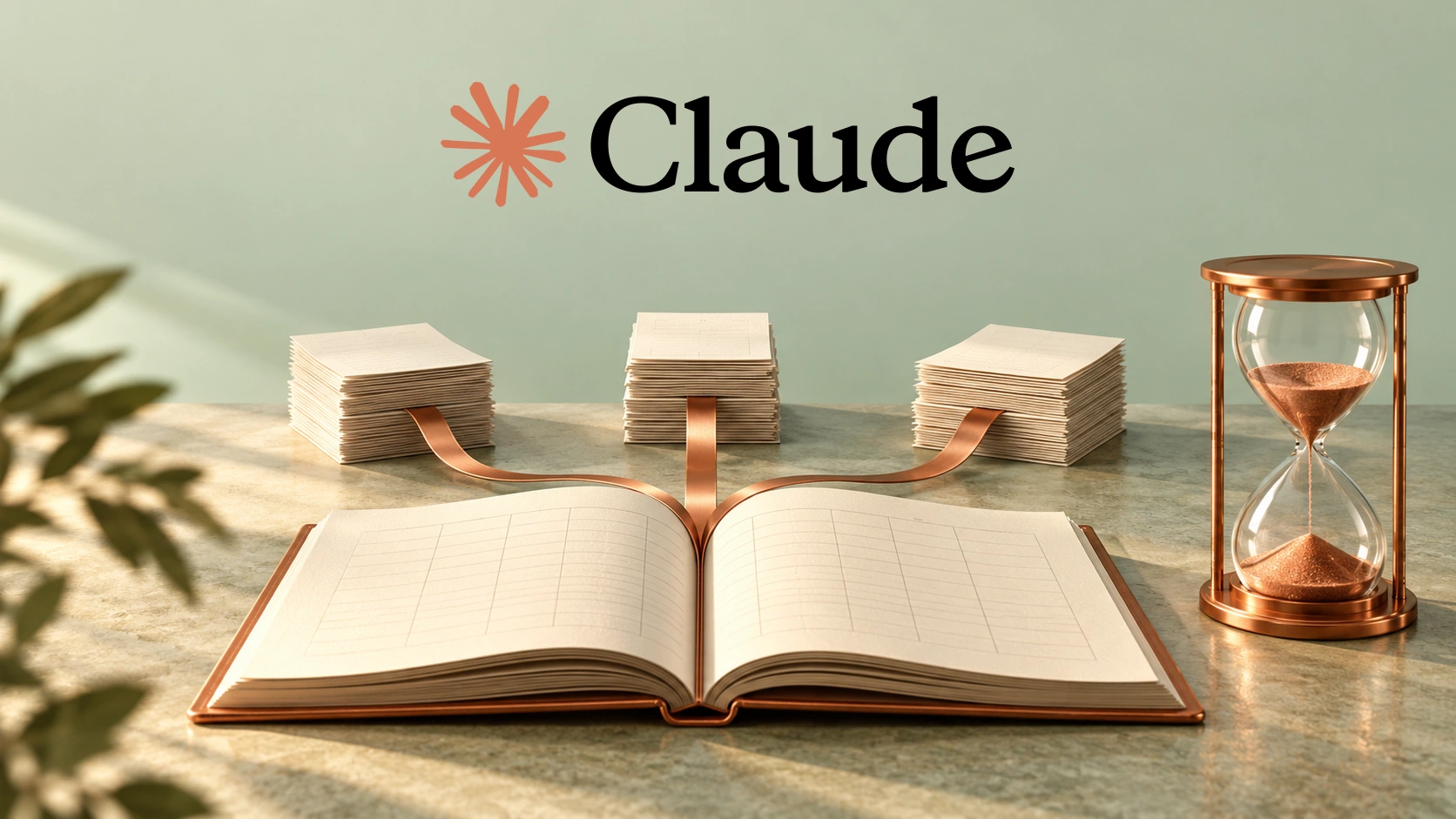 Claude wordmark above an open ledger, converging copper ribbons and an hourglass on a sage background.