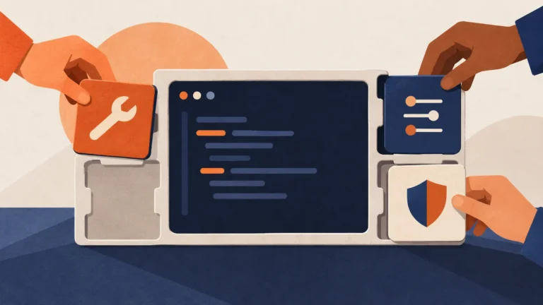 Conceptual illustration of hands adding tool settings and safety modules to a coding workspace