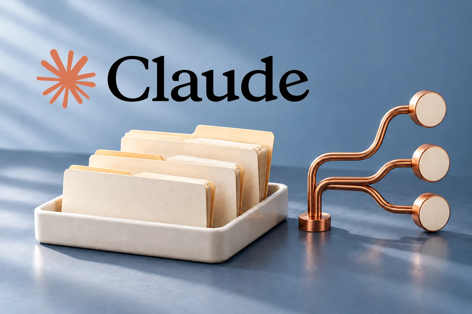 Claude wordmark above project folders in a cream organizer beside branching copper routes.