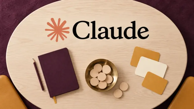 Claude wordmark above a plum notebook, blank ochre cards and wooden discs in a brass bowl on an oval table.
