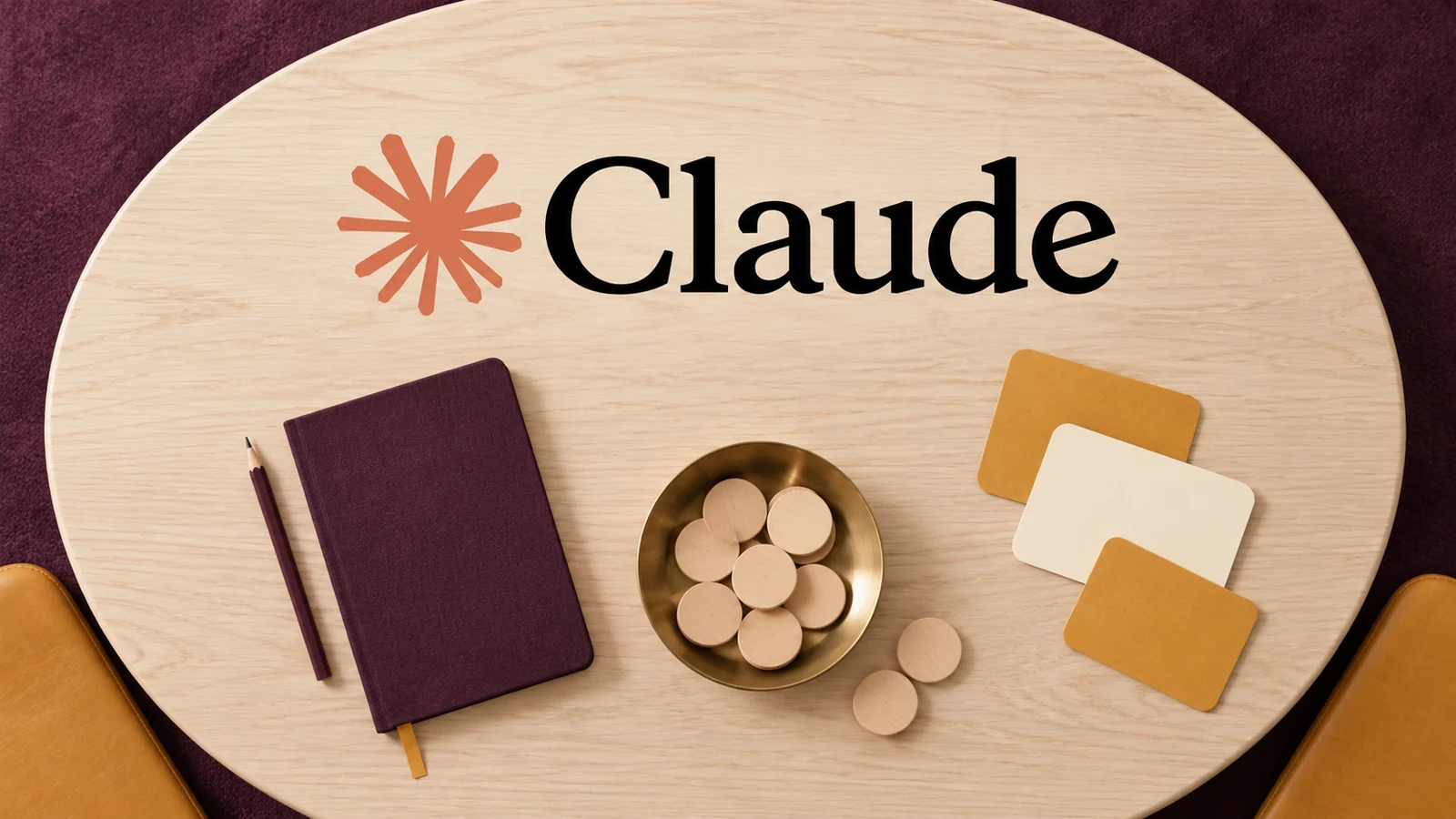 Claude wordmark above a plum notebook, blank ochre cards and wooden discs in a brass bowl on an oval table.