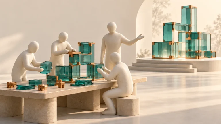 Abstract ceramic figures assemble a teal modular structure beside a completed model