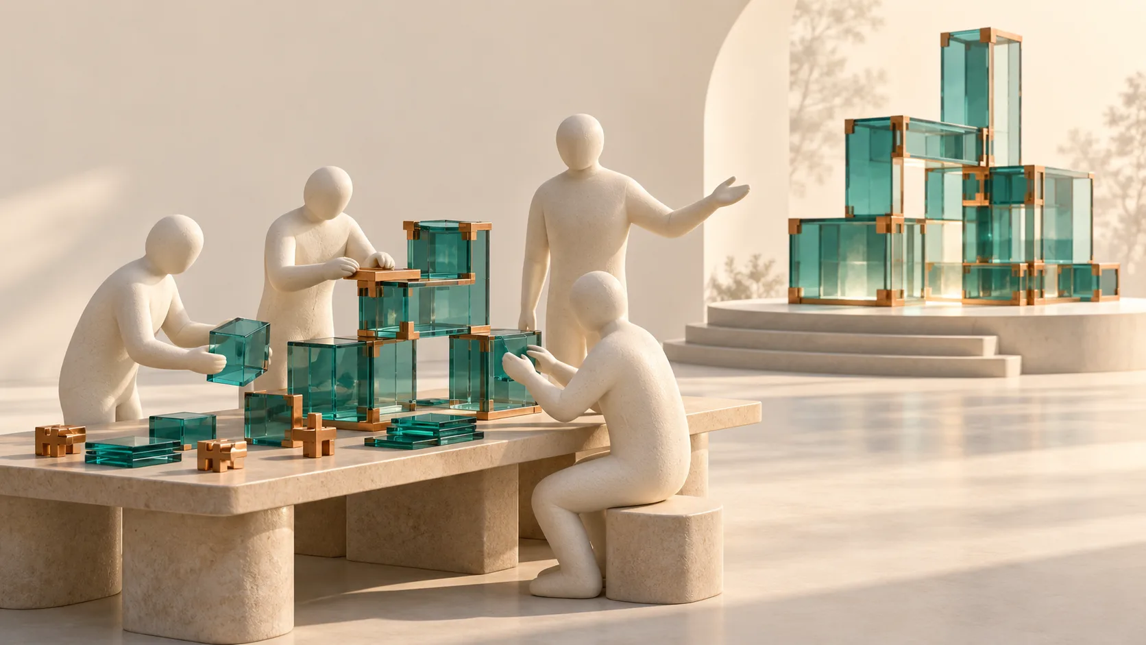 Abstract ceramic figures assemble a teal modular structure beside a completed model