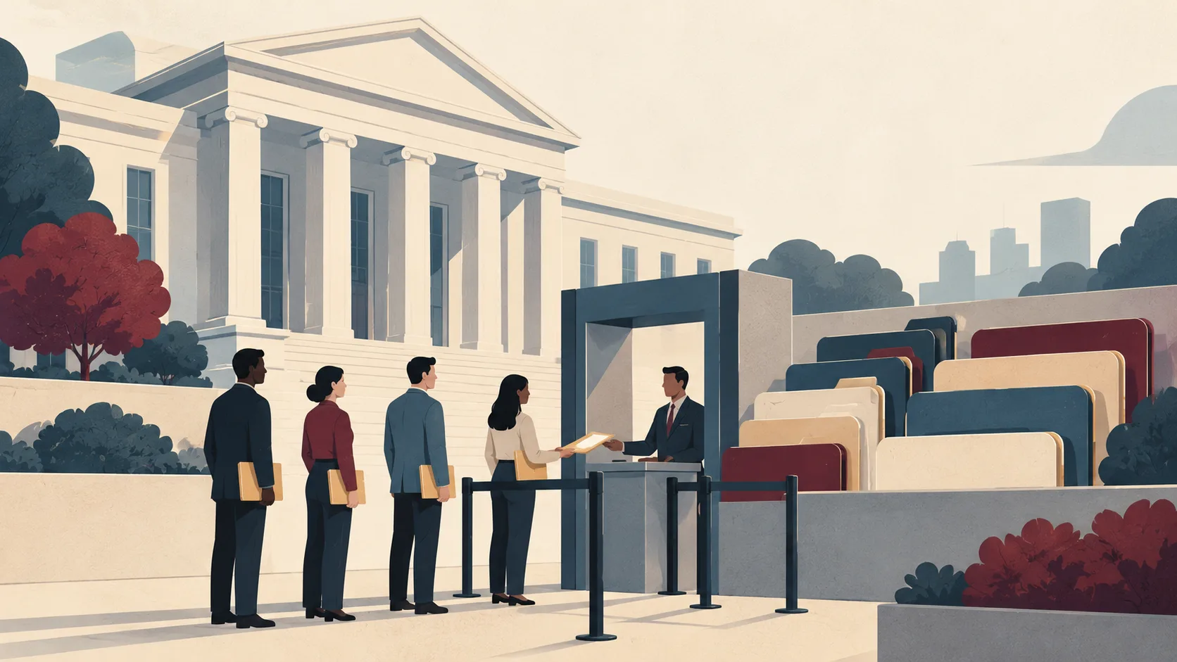 Conceptual illustration of people presenting documents at a supervised civic service desk