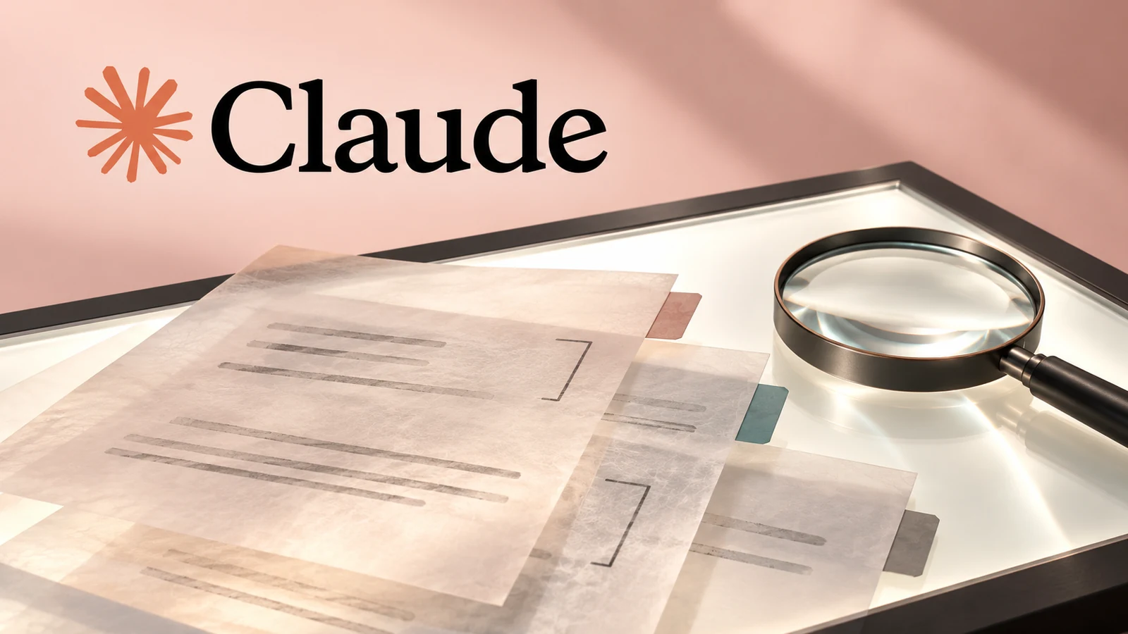 Claude wordmark above translucent sheets and a magnifying lens on a rose and charcoal light table.