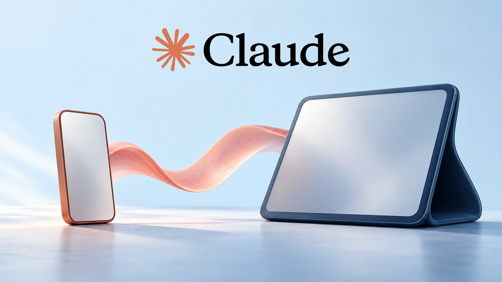Claude wordmark above a terracotta phone and blue tablet linked by a coral ribbon on a pale blue background.