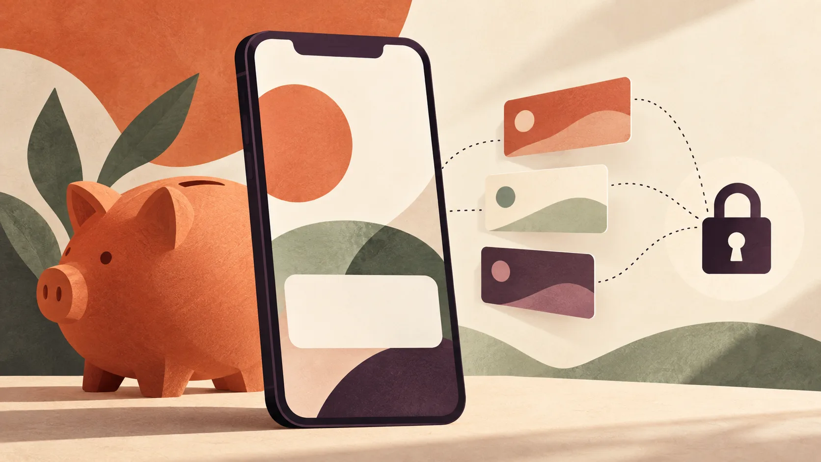 A phone and piggy bank beside connected account cards and a padlock