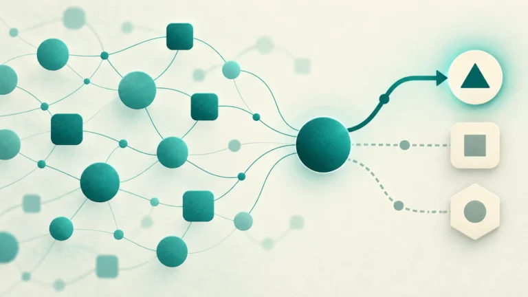 Teal network nodes converge on a decision point that selects one of three geometric options