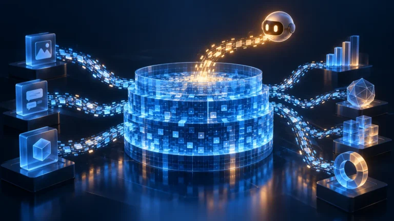 Blue data streams connect application modules to a shared glass reservoir with an amber AI agent above