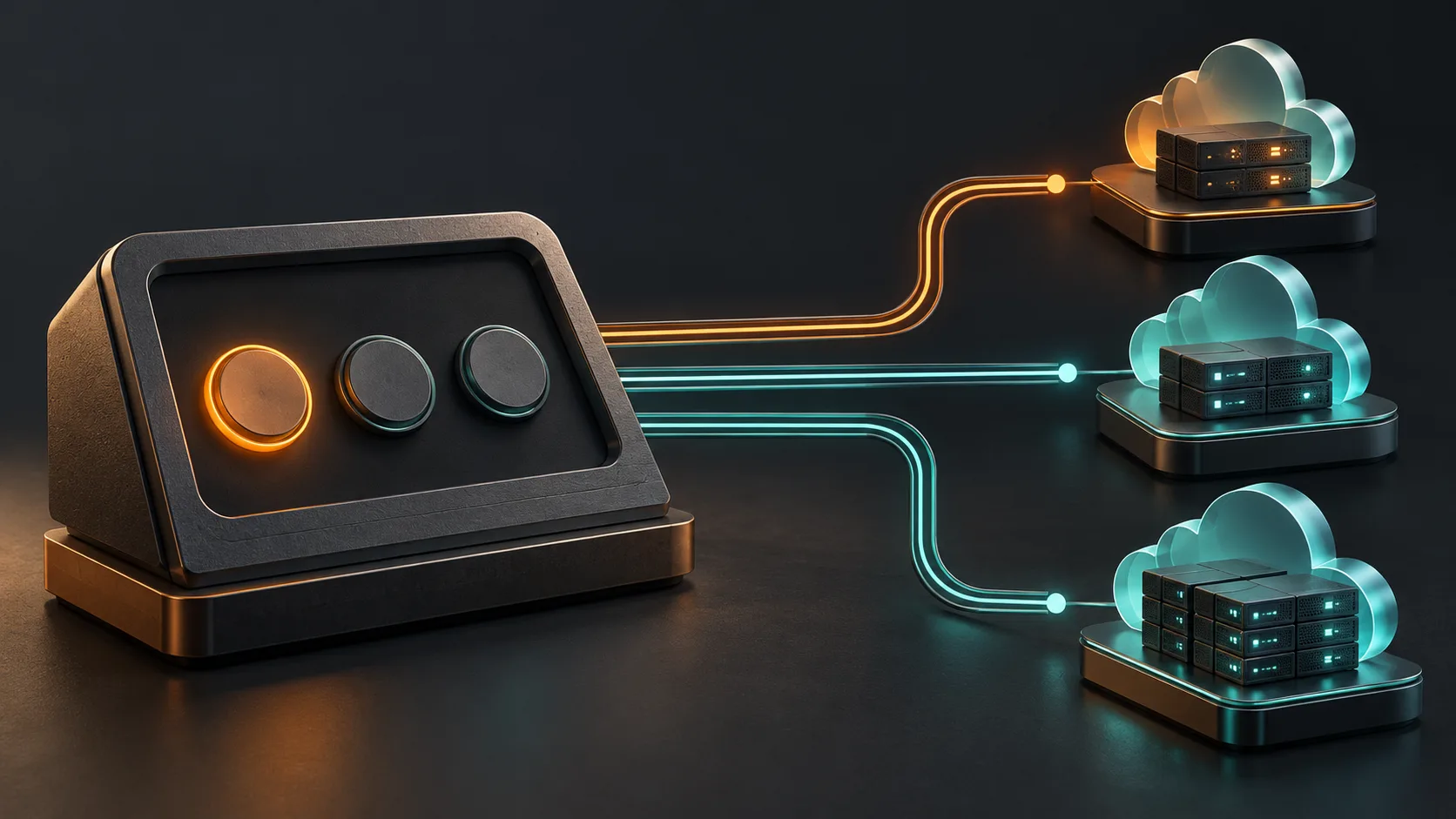 A terminal shaped control panel connects three selectable amber and teal routes to abstract cloud compute modules