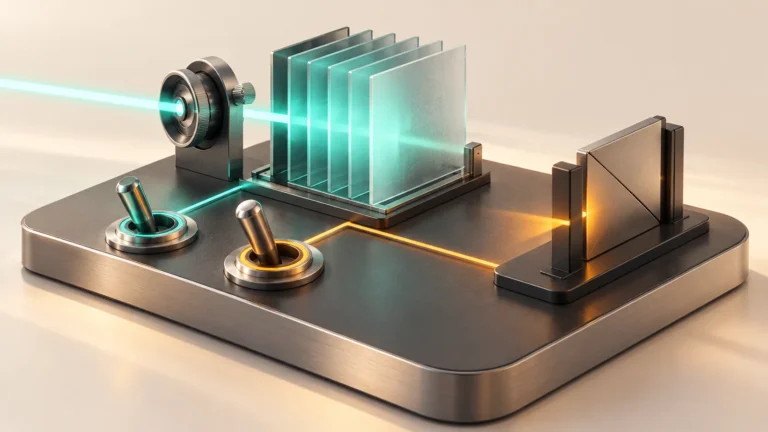 Two metal switches control teal and amber light paths through glass panels and a closed gate