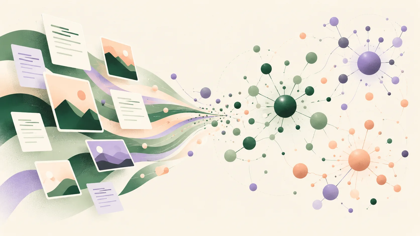 Abstract documents and image cards connect to a shared constellation of meaning