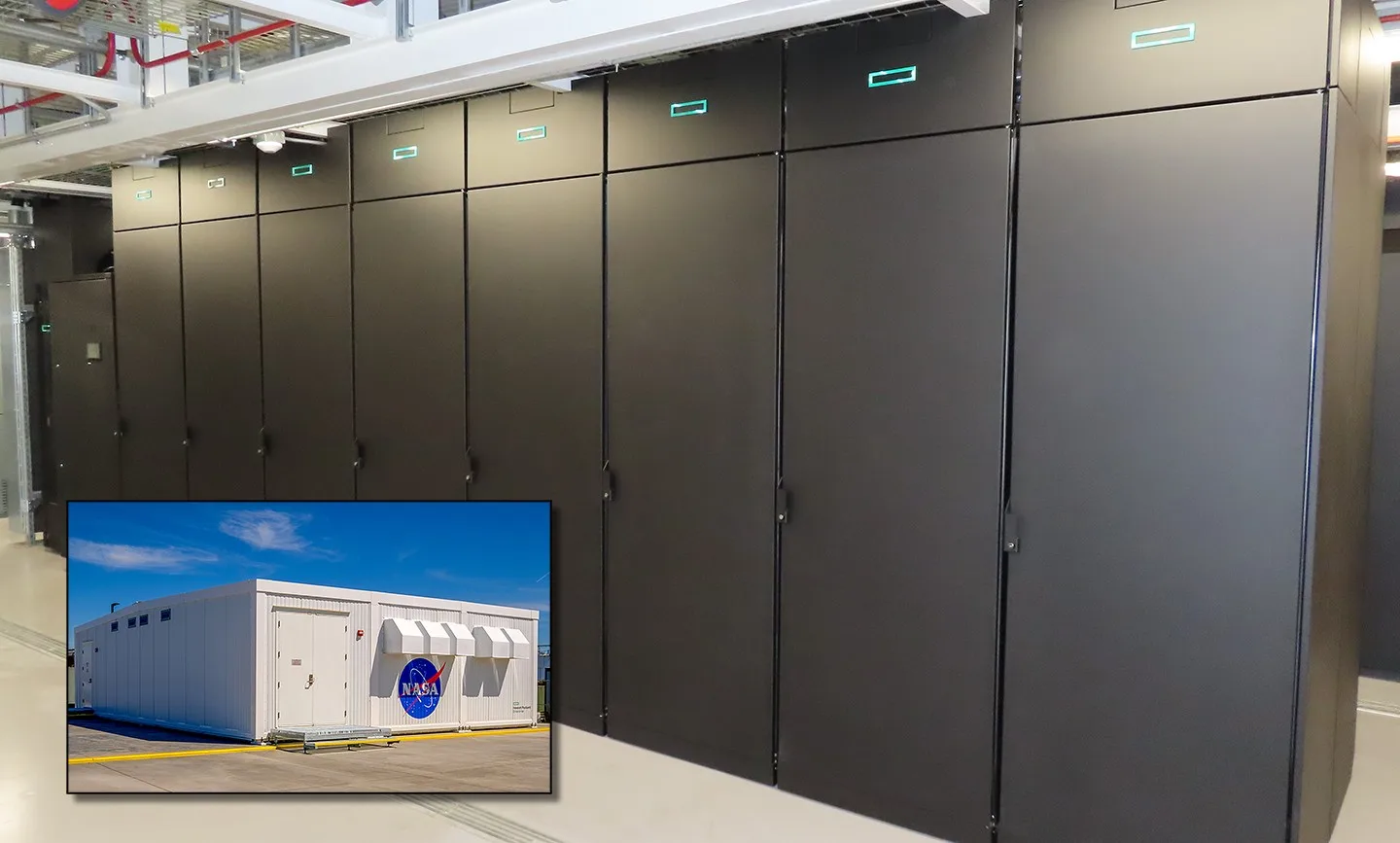 A row of dark server cabinets with an inset photograph of the NASA facility that houses them