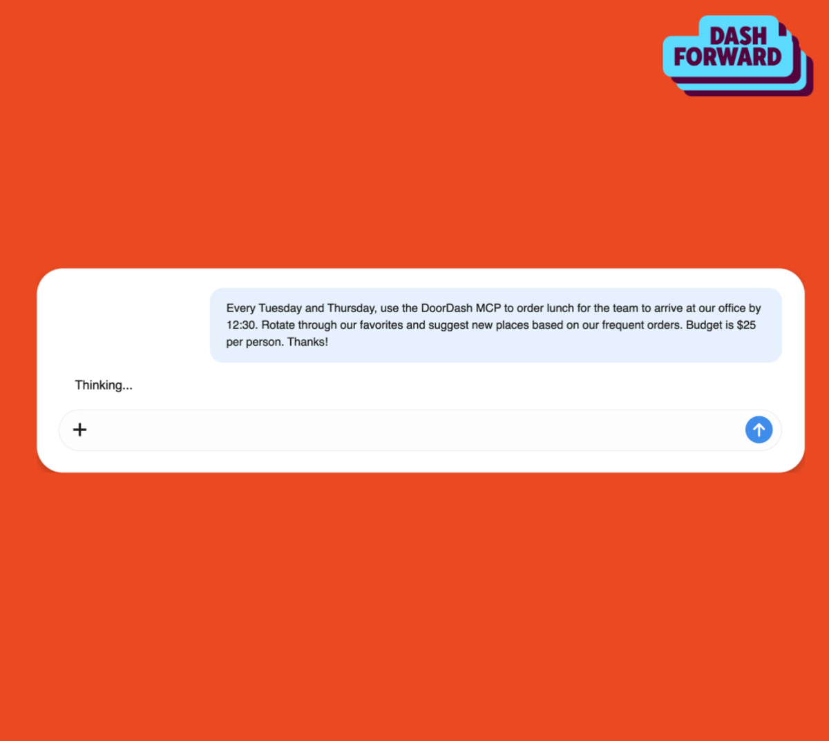 DoorDash demonstration of an AI request to arrange recurring office lunches