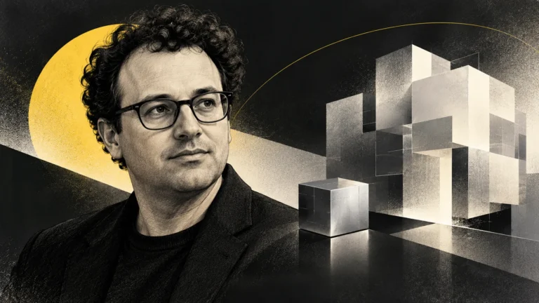 AI generated editorial illustration of Dario Amodei beside small and large abstract computing forms