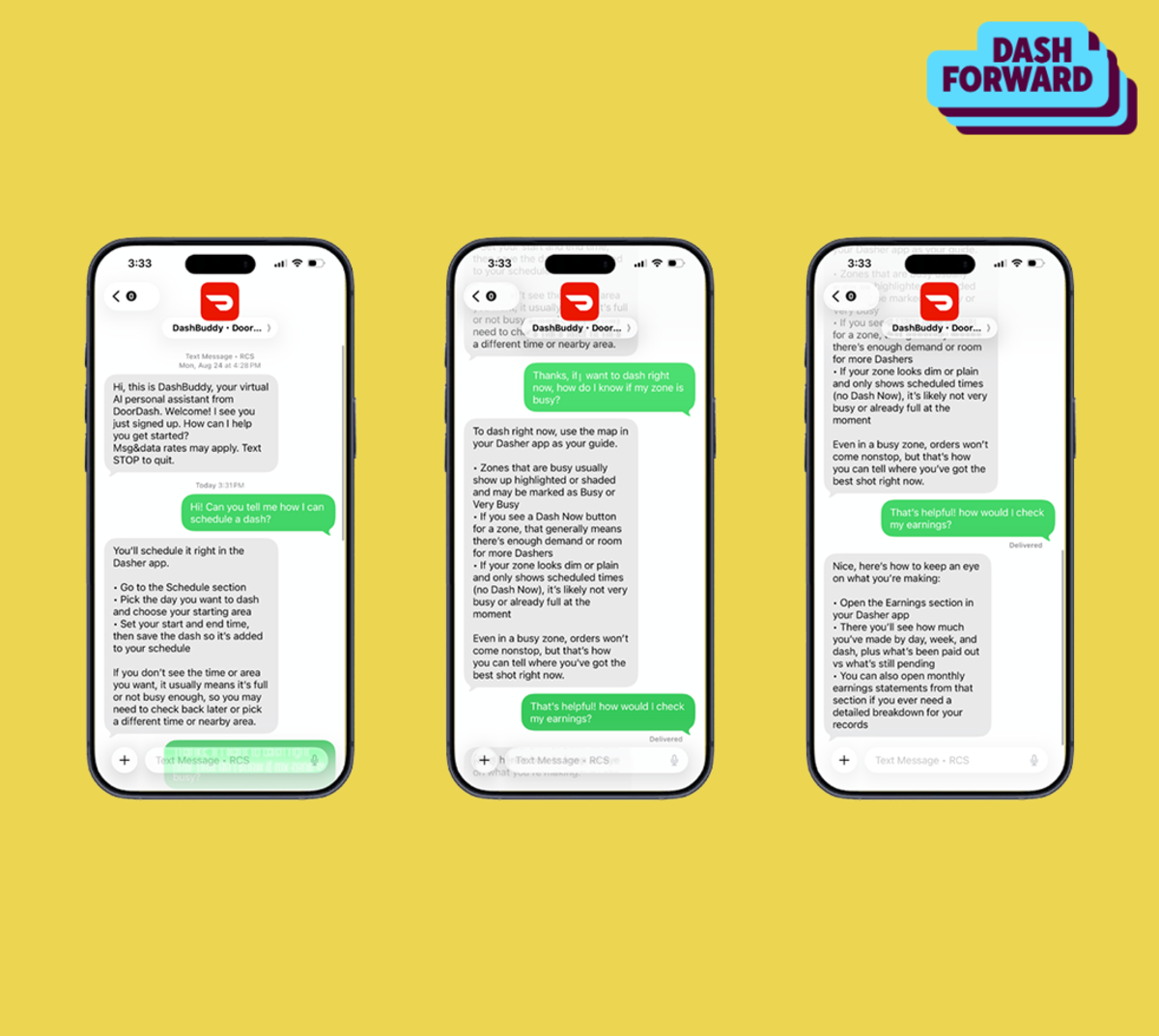 Official DoorDash illustration showing DashBuddy text conversations on three phones