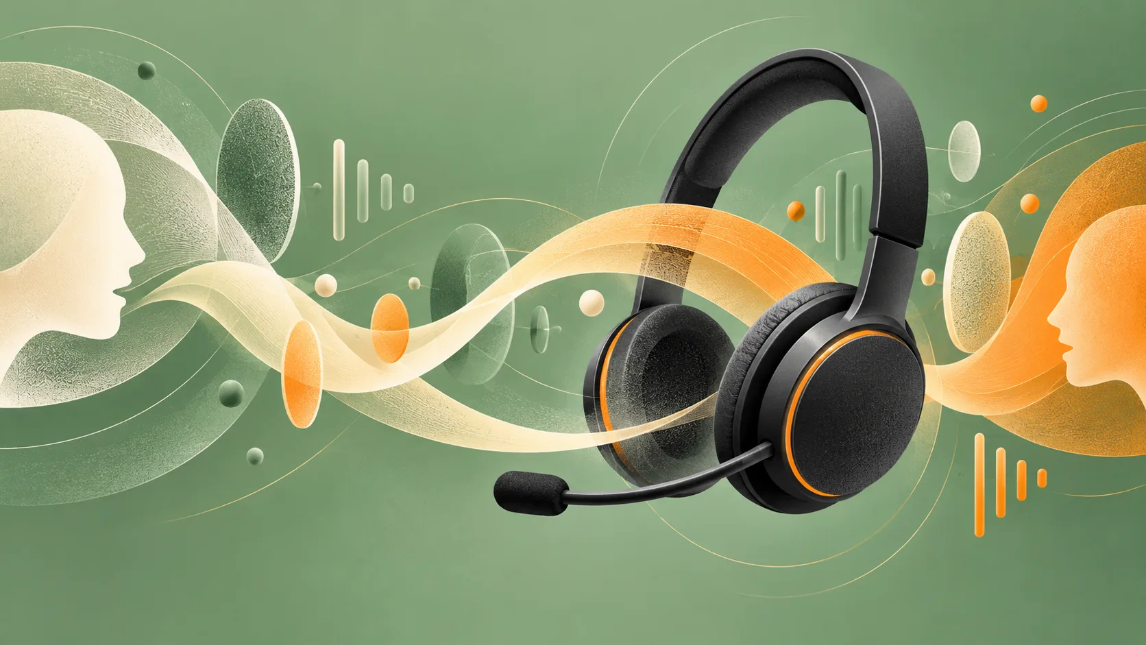 A charcoal headset connects cream and orange conversation paths across a sage background