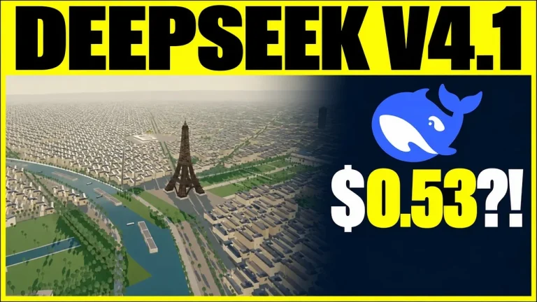 ByteForward video thumbnail showing a rendered Paris scene with the Eiffel Tower beside the DeepSeek whale logo and text reading DEEPSEEK V4.1 and $0.53?!