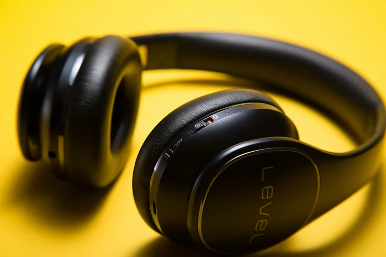 Black over ear headphones resting on a yellow surface