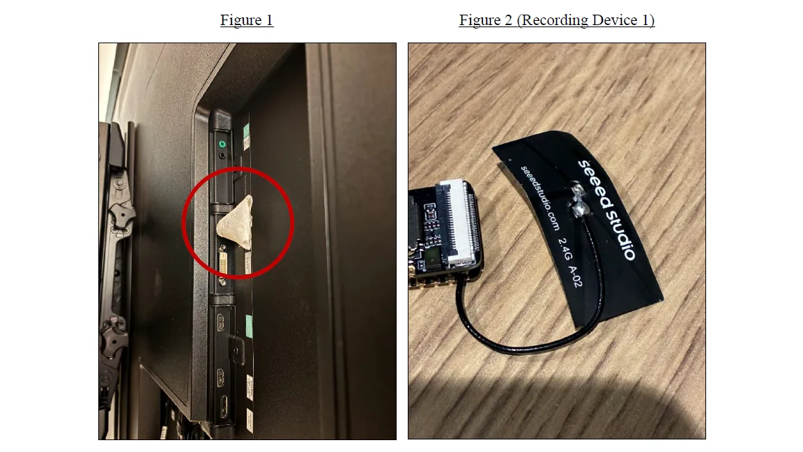 Two evidence photographs showing television ports and a small electronic recorder