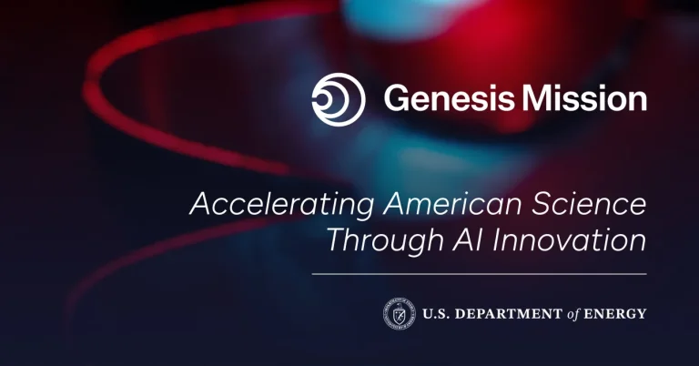Official Genesis Mission graphic with red and blue light trails and the Department of Energy mark