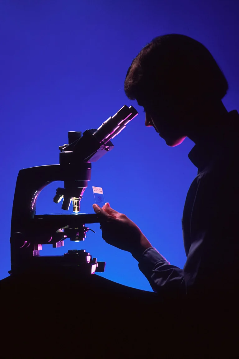 A researcher looks through a microscope under blue and magenta lighting