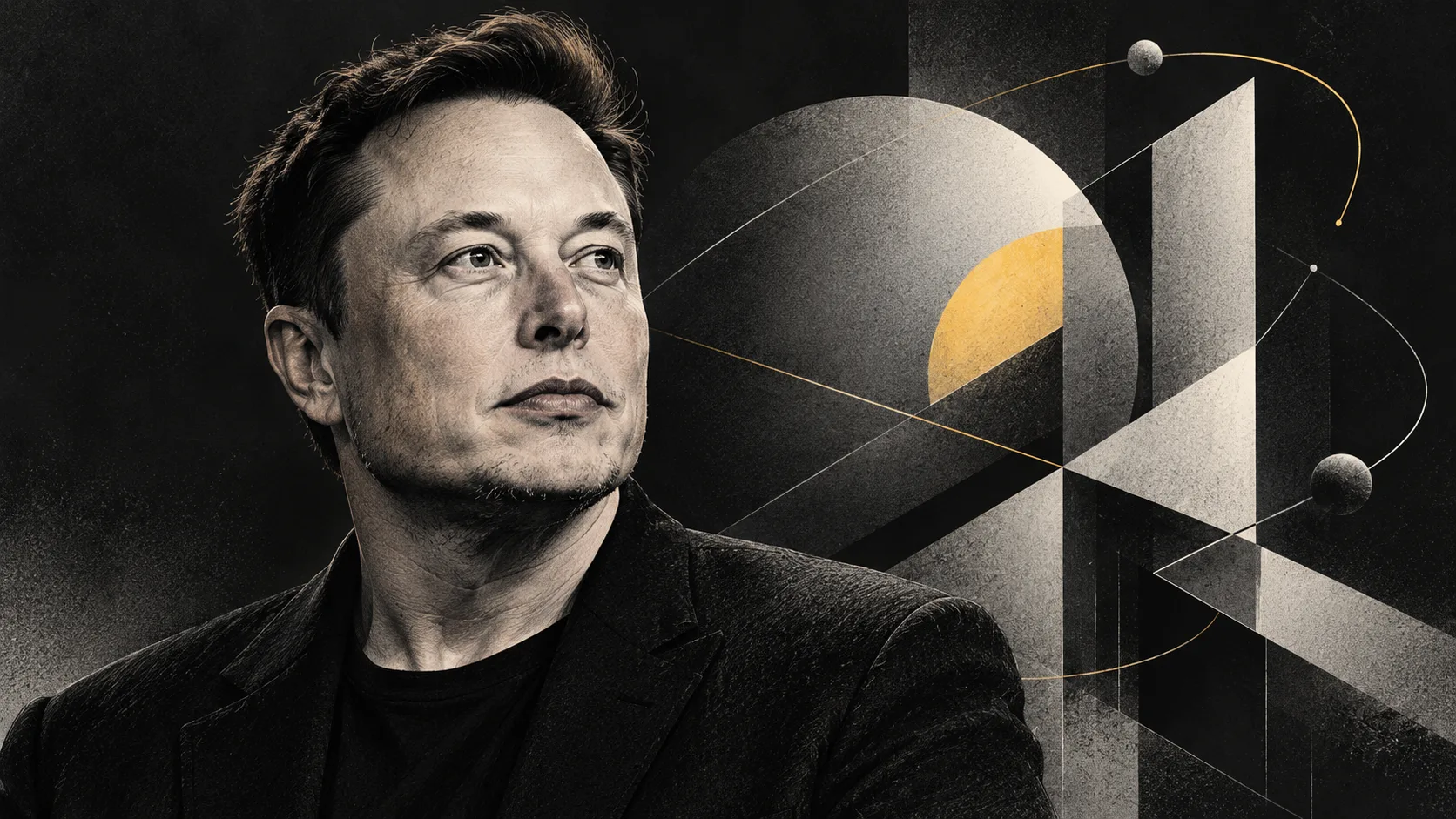 AI generated editorial illustration of Elon Musk beside abstract coding geometry and orbital lines