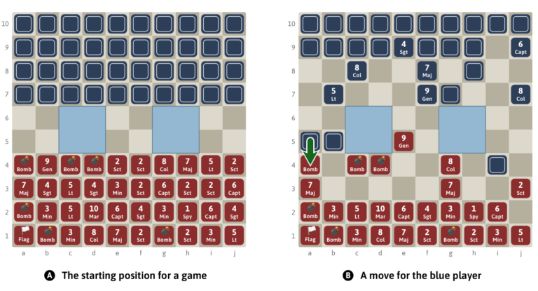 Two Stratego boards showing hidden blue pieces and a blue attack on a red bomb