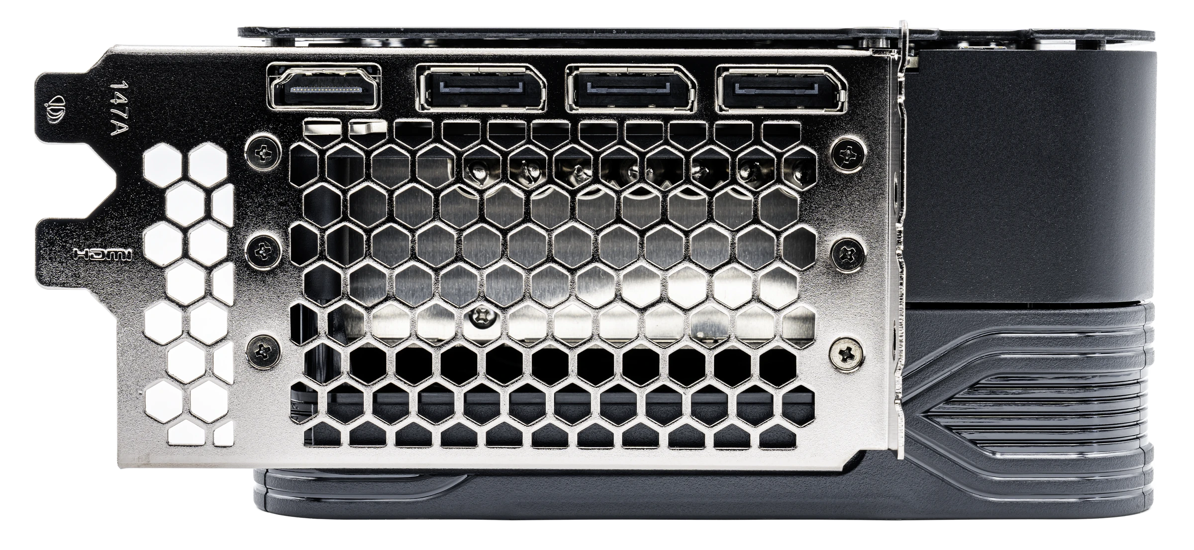 Four display connectors above a honeycomb ventilation grille on the metal rear plate of a graphics card
