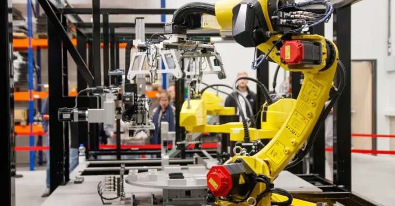 A yellow industrial robotic arm inside a manufacturing facility