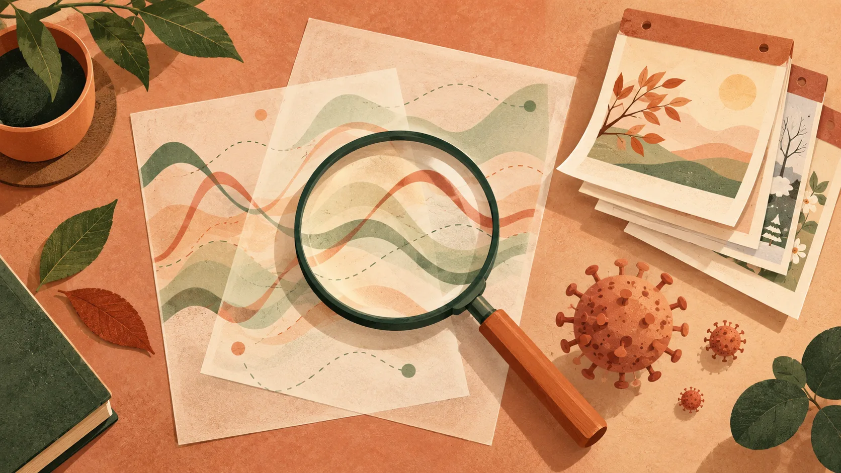 Original AI generated conceptual editorial illustration of a magnifying glass over abstract seasonal paths beside archival season cards and stylized virus shapes.