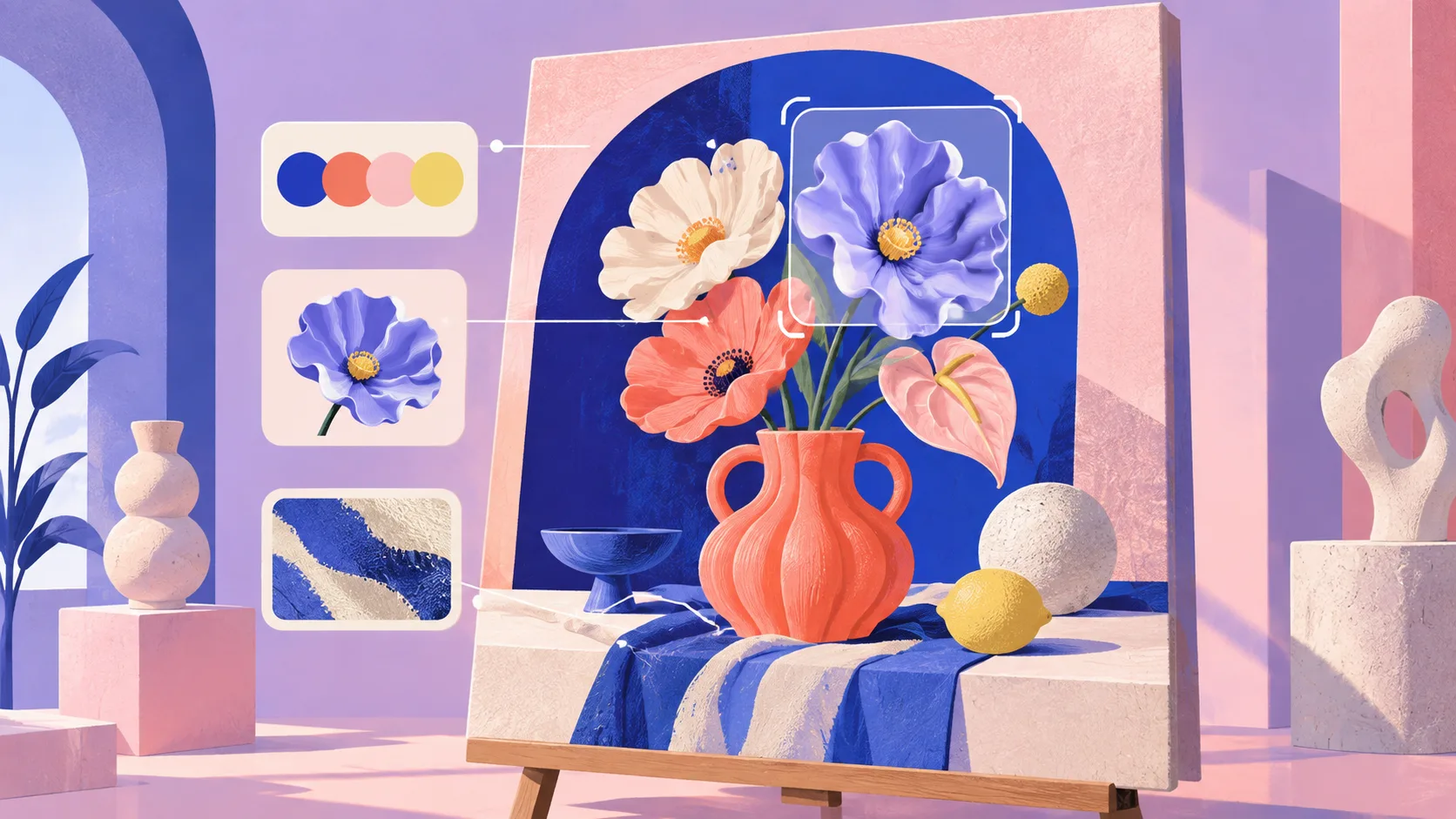 Conceptual illustration of a floral canvas with color and texture references and one flower inside an editing boundary