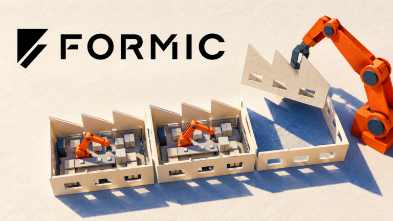 Formic logo above a paper factory scene with an orange robotic arm
