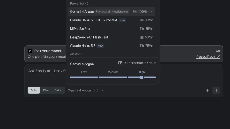 Freebuff model picker showing Gemini 4 Argon with one promotional session a day at 100 Freebucks per hour